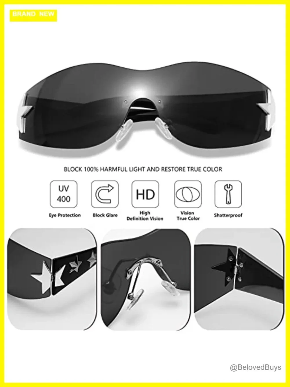 Rimless Y2K Star Wrap Around Sunglasses Shield Shades UV400